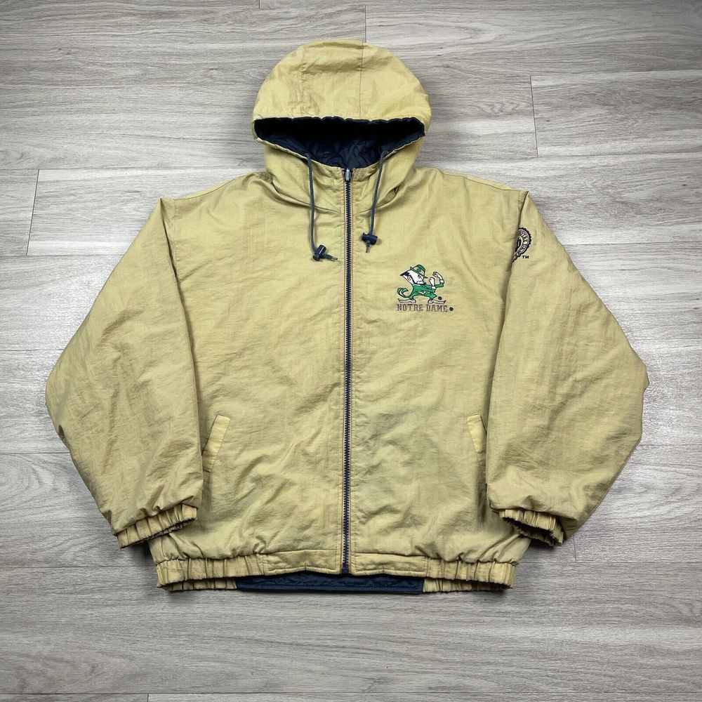 Vintage Notre Dame Jacket Mens Extra Large Beige Reversible 90s NCAA Hooded